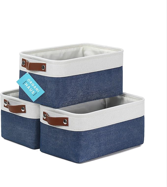 OrganiHaus Small Fabric Storage Baskets for Shelves 3 Pack, 12x08in Closet Storage Bins for Shelves, Canvas Baskets for Organizing, Linen Closet Organizers, Cloth Basket, Navy Blue/Off-White