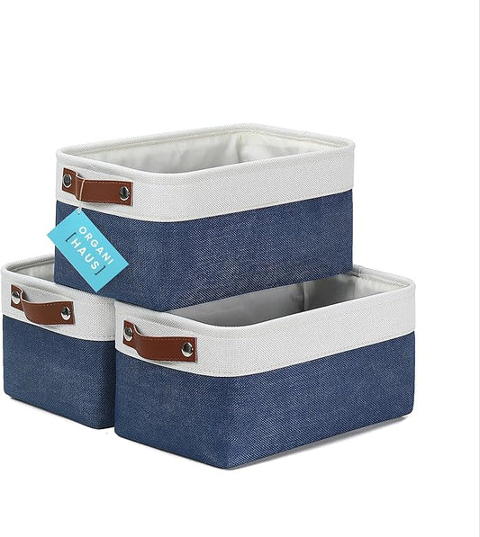 OrganiHaus Small Fabric Storage Baskets for Shelves 3 Pack, 12x08in Closet Storage Bins for Shelves, Canvas Baskets for Organizing, Linen Closet Organizers, Cloth Basket, Navy Blue/Off-White
