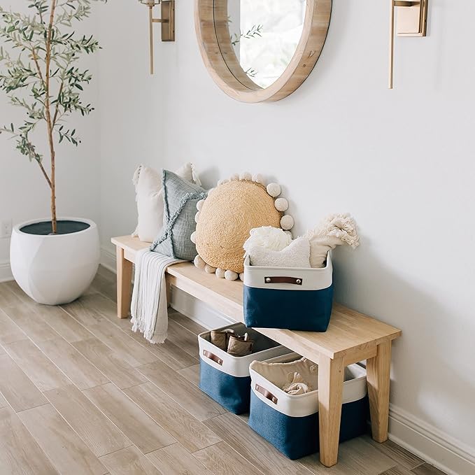 OrganiHaus Large Fabric Storage Baskets for Shelves 3 Pack, 15x11in Closet Storage Bins for Shelves, Canvas Baskets for Organizing, Linen Closet Organizers, Cloth Basket, Navy Blue/Off-White