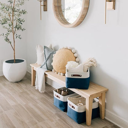 OrganiHaus Large Fabric Storage Baskets for Shelves 3 Pack, 15x11in Closet Storage Bins for Shelves, Canvas Baskets for Organizing, Linen Closet Organizers, Cloth Basket, Navy Blue/Off-White