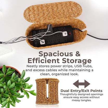 Cable Management Box, Handmade Rattan Cable Organizer, 2 Open Slots Cords Hider Box, Under Desk Cord Organizer for Computer Router USB Hub & Power Strip, Patent Pending, 15.9" x 6.5" x 6.5", Natural