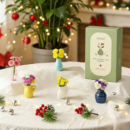 Mini Ceramic Vase Magnets for Fridge, Cute Tiny Plant Vase Fridge Magnets for Kitchen Refrigerator Office Locker Decoration with Fake Flowers (5 Pack)