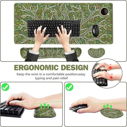 ToLuLu Desk Mat, Gaming Mouse Pad Wrist Support 4 in1 Set, XXL Large Mouse Pad + Keyboard Wrist Rest + Memory Foam Cushion Mouse Wrist Rest for Pain Relieve + Coaster Table Computer PC, Green Leaves