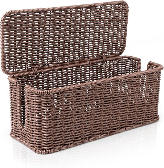 Cable Management Box, Handmade Rattan Cable Organizer with 2 Open Slots, Cord Hider for Power Strip, Router & USB Hub, Registered U.S. Design Patent (D1,112,102), 13" x 5.1" x 5.1", Brown