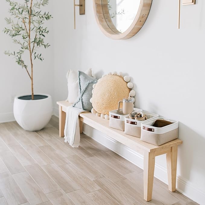 OrganiHaus Small Fabric Storage Baskets for Shelves 3 Pack, 12x08in Closet Storage Bins for Shelves, Canvas Baskets for Organizing, Linen Closet Organizers, Cloth Basket, Beige/Off-White