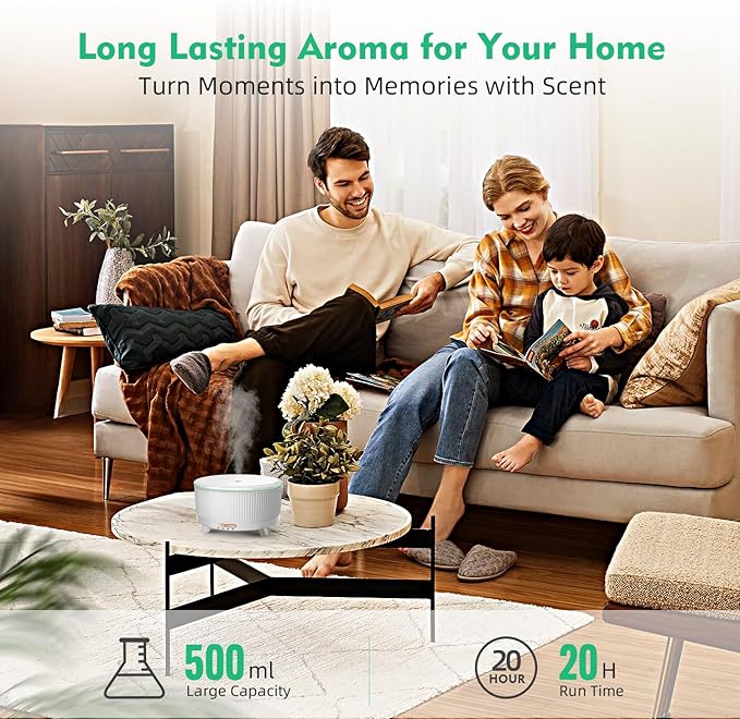 20-Hour Long-Lasting Aromatherapy, 500ML Large Essential Oil Diffuser: Ultrasonic Cool Mist Humidifier with Remote Control, 7 Color Lights, Timer, Auto-Off for Home/Bedroom/Yoga (Minimalist White)