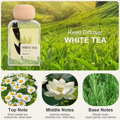White Tea Essential Oil Reed Diffusers,Luxury Hotel Collection Diffuser Oil Inspired by Westin for Home&Office, Bedroom Living Room Shelf Decor,Bathroom Accessories,Non-Toxic & Gift Ready,3.34 FL OZ