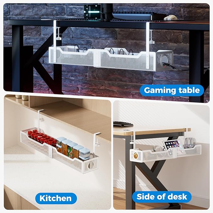 [Upgraded] Extra Large Under Desk Cable Management, Cinati 25" Wire Organizers No Drill, Cable Tray with Clamp for Wire Management, Cord Organization Box for Office, Home - No Damage to Desk(White)