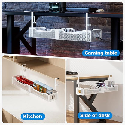 [Upgraded] Extra Large Under Desk Cable Management, Cinati 25" Wire Organizers No Drill, Cable Tray with Clamp for Wire Management, Cord Organization Box for Office, Home - No Damage to Desk(White)