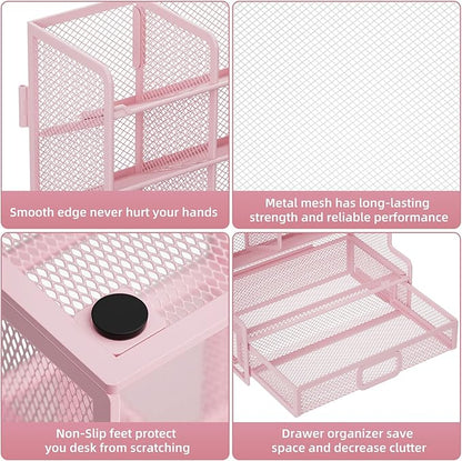 Marbrasse Larger Mesh Desk Organizer with Drawer, Multi-Functional Pen Pencil Holder, Easy Assembly, Desk Organizers and Accessories for Office Art Supplies (Pink)
