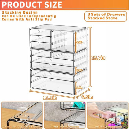 Yieach 3 Pack Clear Storage Drawers With 10 Drawers,Stackable 11.1” Large Acrylic Drawer Organizer and Makeup Organizer For Vanity,Bathroom Countertop,Cabinet,Pantry,Office Supply Storage Bins Drawers