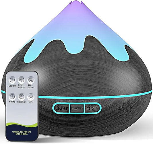 500ML Essential Oil Diffuser, Aromatherapy Diffuser with Remote Control, Multifunctional Air Diffusers for Home Office Room, Fragrance Aroma Diffuser with 7 Color LED & 2 Mist Mode, Black