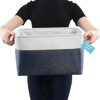OrganiHaus Large Fabric Storage Baskets for Shelves 3 Pack, 15x11in Closet Storage Bins for Shelves, Canvas Baskets for Organizing, Linen Closet Organizers, Cloth Basket, Navy Blue/Off-White
