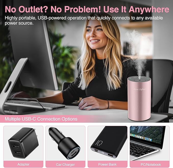 Waterless Essential Oil Diffuser Starter Kit - No Water Needed, Battery Operated Mini Scent Air Machine, Included 3x20ML Essential Oils, Portable Aromatherapy Diffuser for Home & Car & Office, Pink