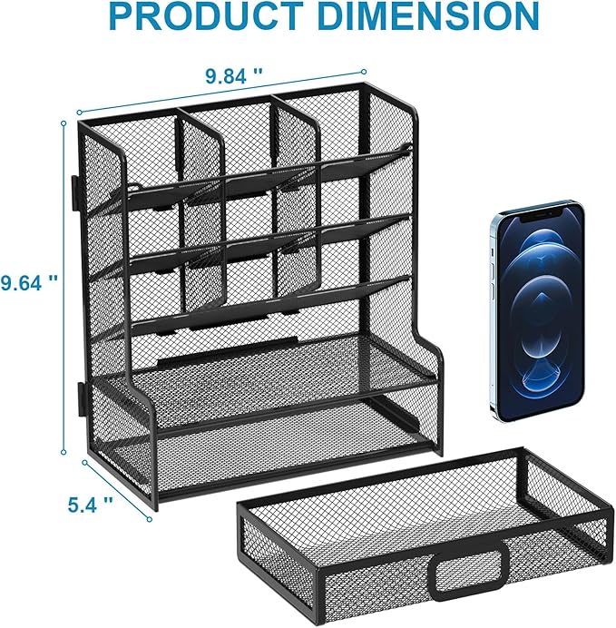 Marbrasse Larger Mesh Desk Organizer with Drawer, Multi-Functional Pen Pencil Holder, Easy Assembly, Desk Organizers and Accessories for Office Art Supplies (Black)
