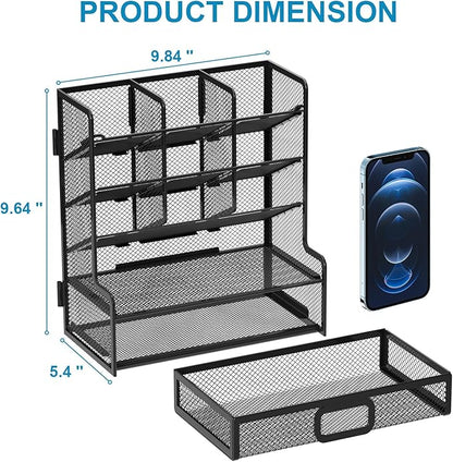 Marbrasse Larger Mesh Desk Organizer with Drawer, Multi-Functional Pen Pencil Holder, Easy Assembly, Desk Organizers and Accessories for Office Art Supplies (Black)
