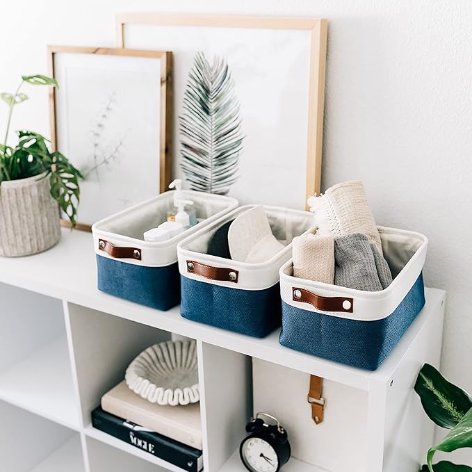 OrganiHaus Small Fabric Storage Baskets for Shelves 3 Pack, 12x08in Closet Storage Bins for Shelves, Canvas Baskets for Organizing, Linen Closet Organizers, Cloth Basket, Navy Blue/Off-White