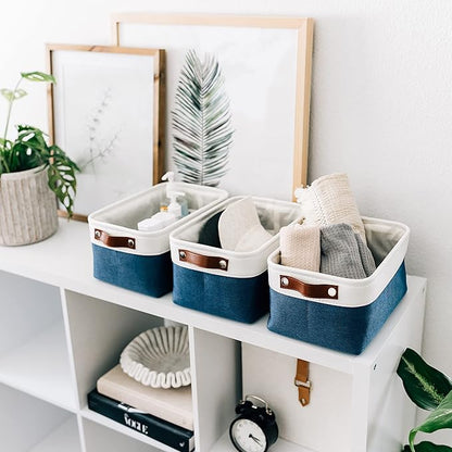 OrganiHaus Small Fabric Storage Baskets for Shelves 6 Pack, 12x8in Closet Storage Bins for Shelves, Cloth Baskets for Organizing, Linen Closet Organizers, Fabric Basket, Navy Blue/White