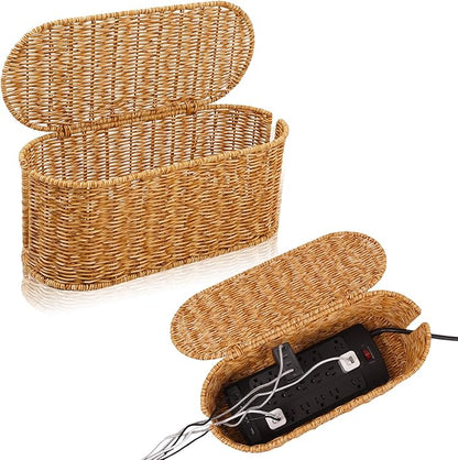 Cable Management Box, Handmade Rattan Cable Organizer, 2 Open Slots Cords Hider Box, Under Desk Cord Organizer for Computer Router USB Hub & Power Strip, Patent Pending, 15.9" x 6.5" x 6.5", Natural