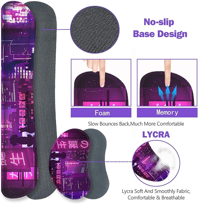 ToLuLu Extended Gaming Mouse Pad, Memory Foam Ergonomic Keyboard Mouse Wrist Rest Support Set, Large Desk Mat with Stitched Edges, Non-Slip Base Mousepad for Home Office, Neno City Anime Japanese