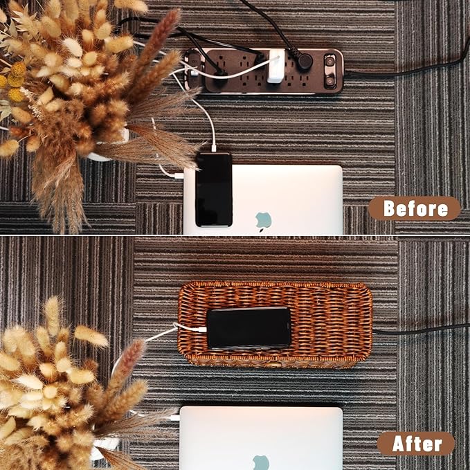 BROWNLILY Rattan Wire Storage Box, Handmade Cord Organizer for Desk Cord Hider Outlet Covers Baby Proofing for Power Strip TV PC Router Charger Under Desk Cable Management Box