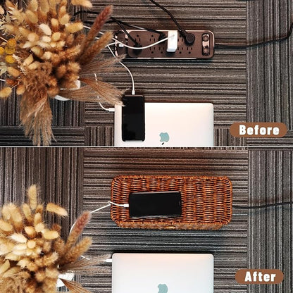 BROWNLILY Rattan Wire Storage Box, Handmade Cord Organizer for Desk Cord Hider Outlet Covers Baby Proofing for Power Strip TV PC Router Charger Under Desk Cable Management Box