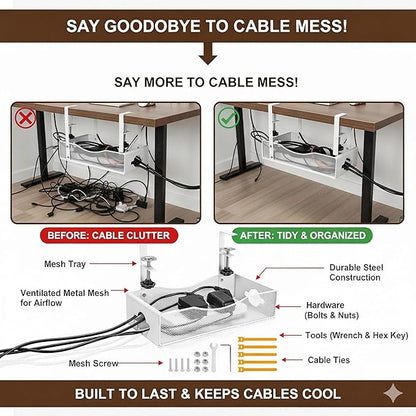 Extra Wide Under Desk Cable Management - No Drill Installation Cable Management Tray, Modern Cord Organizer for Office/Home Desk, Fits Power Strips & Wires((White, XL)