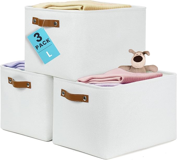 OrganiHaus Large Fabric Storage Baskets for Shelves 3 Pack, 15x11in Closet Storage Bins for Shelves, Canvas Baskets for Organizing, Linen Closet Organizers, Cloth Basket, Off-White