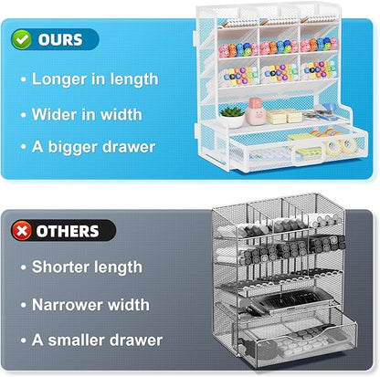 Marbrasse Larger Mesh Desk Organizer with Drawer, Multi-Functional Pen Pencil Holder, Easy Assembly, Desk Organizers and Accessories for Office Art Supplies (White)