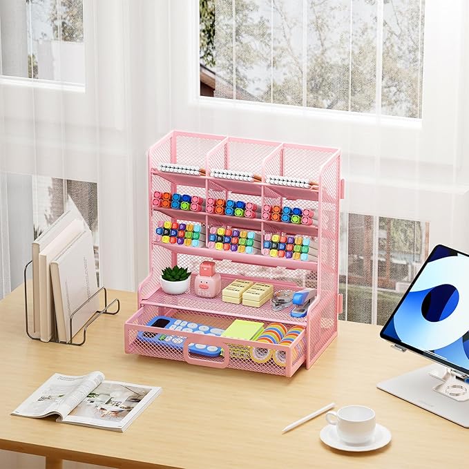 Marbrasse Larger Mesh Desk Organizer with Drawer, Multi-Functional Pen Pencil Holder, Easy Assembly, Desk Organizers and Accessories for Office Art Supplies (Pink)
