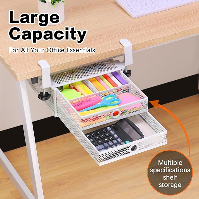 ROSYLINE Under Desk & Desktop Drawer Organizer - 2-Tier Metal Slide Out Drawers Organizer, Storage for Home Office Desk (White)