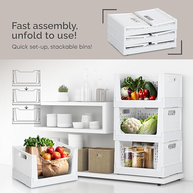 TidyFriend Stackable Storage Bins with Wheels, 3 Pack Foldable Storage Bins Box, Plastic Shelves Drawer Organizer Container for Closet Office Bedroom Kitchen Bathroom (Ivory)