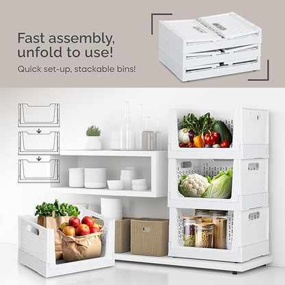 TidyFriend Stackable Storage Bins with Wheels, 3 Pack Foldable Storage Bins Box, Plastic Shelves Drawer Organizer Container for Closet Office Bedroom Kitchen Bathroom (Ivory)