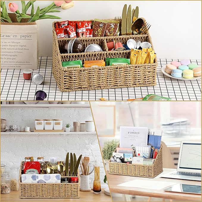 BTSKY Woven Storage Basket Rattan Vertical Wicker Storage Baskets with 4 Compartments Desk Organizers and Storage Magazine File Holder Home Office Supplies Sorter Rack, Wicker Mail Organizer