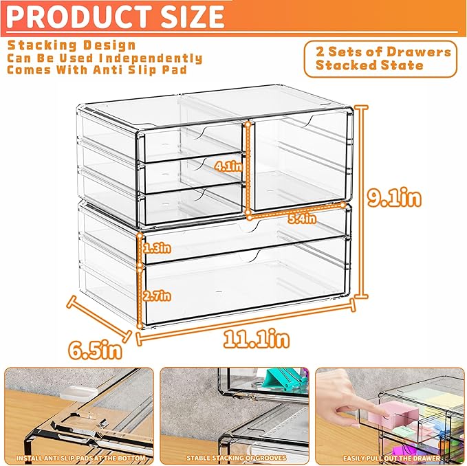 Yieach 2 Pack Acrylic Drawer Organizer With 6 Drawers,Stackable 11.1” Large Clear Storage Drawers and Makeup Organizer For Vanity,Bathroom Countertop,Cabinet,Pantry,Office Supply Storage Bins Drawers