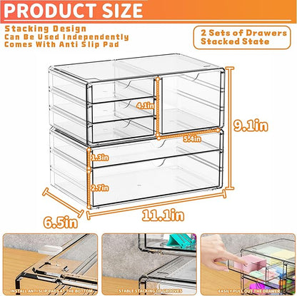 Yieach 2 Pack Acrylic Drawer Organizer With 6 Drawers,Stackable 11.1” Large Clear Storage Drawers and Makeup Organizer For Vanity,Bathroom Countertop,Cabinet,Pantry,Office Supply Storage Bins Drawers