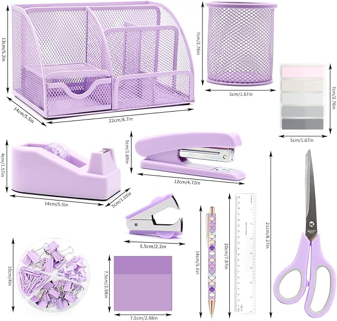 Purple Desk Organizers and Accessories,12pcs Office Desk Accessories Supplies,With Pen Holder, Tape Holder, Stapler, Scissors, Ruler, Staple Remover for Home & School, Office Supplies Gift for Women