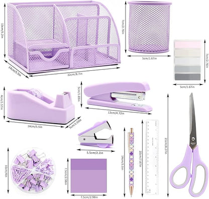 Purple Desk Organizers and Accessories,12pcs Office Desk Accessories Supplies,With Pen Holder, Tape Holder, Stapler, Scissors, Ruler, Staple Remover for Home & School, Office Supplies Gift for Women