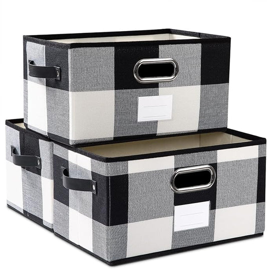 PRANDOM Fodable Storage Bins for Closet [3-pack] Decorative Fabric Storage Baskets Cubes with Leather/Metal Handles for Shelves Bedroom Living Room Black and White Grid (11.5x8.5x6.7 Inch)