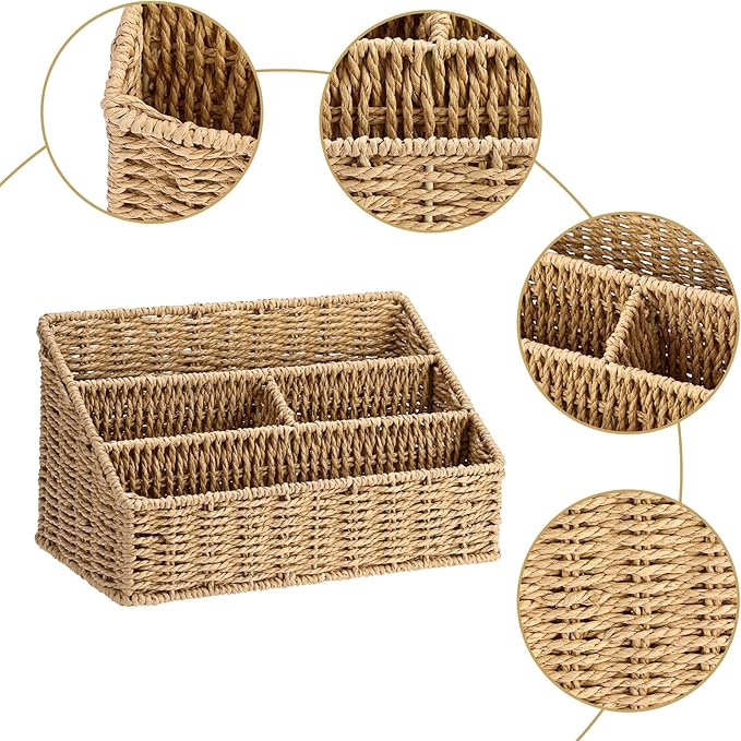 BTSKY Woven Storage Basket Rattan Vertical Wicker Storage Baskets with 4 Compartments Desk Organizers and Storage Magazine File Holder Home Office Supplies Sorter Rack, Wicker Mail Organizer