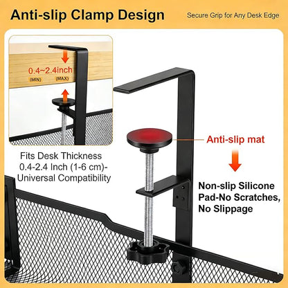 No Drill Under Desk Cable Management Tray, Extended-Length Metal Mesh Wire Organizer with Heavy Duty Clamp Mount for Home Office Standing Desk - Damage Free Cord Organization Solution