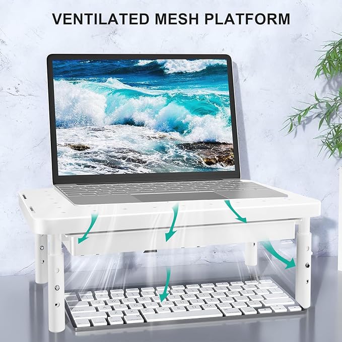 WALI Computer Monitor Stand with Storage, Desk Monitor Riser 3 Height Adjustable, Laptop Riser with Airflow Vents, Desk Organizer for Computer, Laptop, Printer (PTT002-W), 1 Pack, White