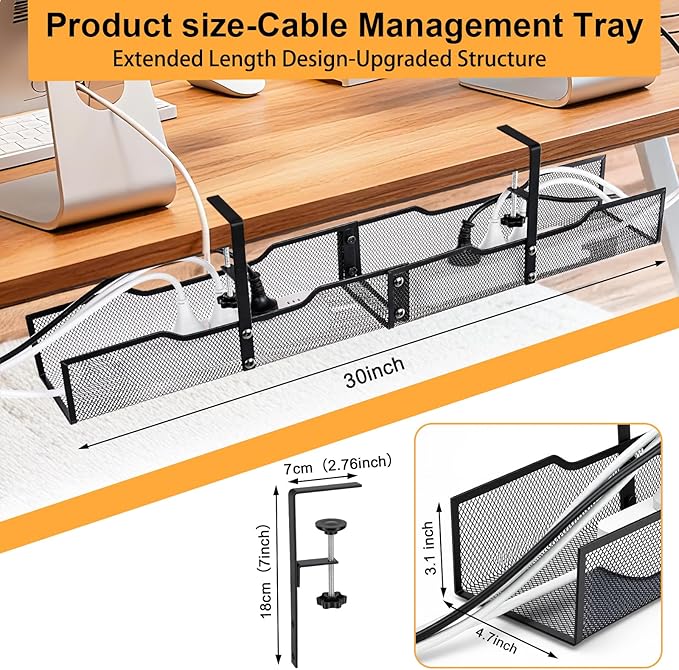 No Drill Under Desk Cable Management Tray, Extended-Length Metal Mesh Wire Organizer with Heavy Duty Clamp Mount for Home Office Standing Desk - Damage Free Cord Organization Solution