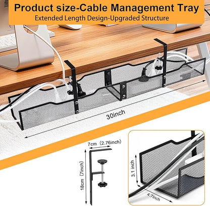 No Drill Under Desk Cable Management Tray, Extended-Length Metal Mesh Wire Organizer with Heavy Duty Clamp Mount for Home Office Standing Desk - Damage Free Cord Organization Solution