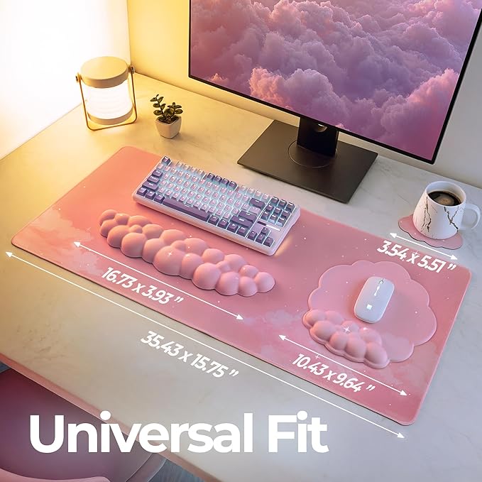 Premium Quality Cloud Wrist Rest Keyboard & Mouse Pad Set – Ergonomic Memory Foam Desk Accessories with Wrist Support for Office & Gaming – Pink