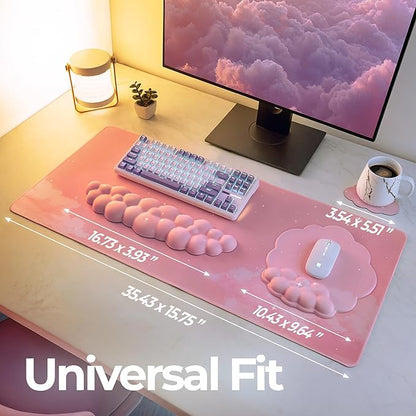 Premium Quality Cloud Wrist Rest Keyboard & Mouse Pad Set – Ergonomic Memory Foam Desk Accessories with Wrist Support for Office & Gaming – Pink