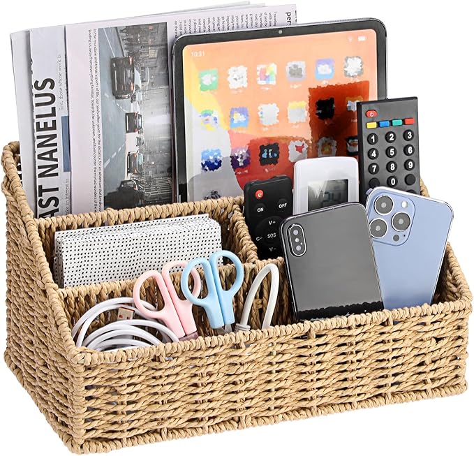 BTSKY Woven Storage Basket Rattan Vertical Wicker Storage Baskets with 4 Compartments Desk Organizers and Storage Magazine File Holder Home Office Supplies Sorter Rack, Wicker Mail Organizer