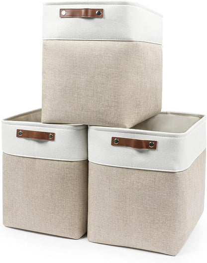Large Fabric Storage Baskets | 50L Storage Bins, Decorative Linen Closet Baskets with Handles for Organizing, Shelf, Toys, Clothes, Home, Office, Nursery, 17x12x15Inches (Beige&White)