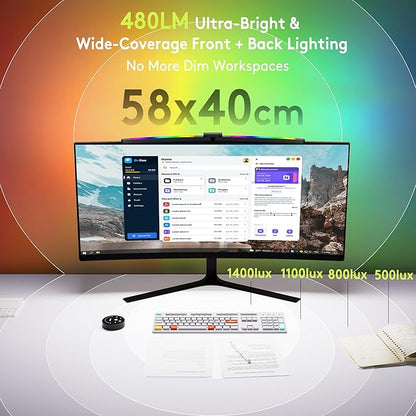 Quntis Curved Monitor Light Bar 15 RGB Backlight for 34"+ Screens, Computer Bar Lights Fold Dual Light with Color Temperature Brightness Stepless Dimming, No Glare Desk Lamp for Home Office Gaming