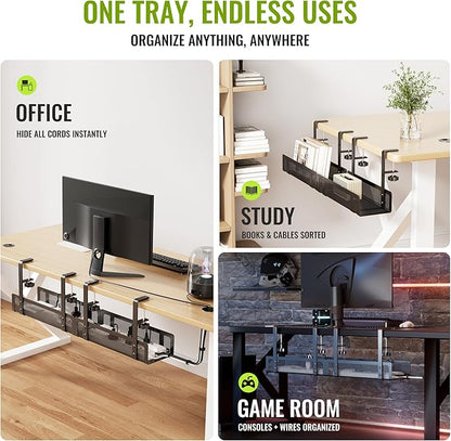 [Upgraded] 2 Pack Cable Management Under Desk Tray, Xpatee 27.6" No Drill Open Slots Cable Management Tray, Cord Wire Organizer Box with Clamp for Table Thickness up to 3" - No Desk Damage(Black)